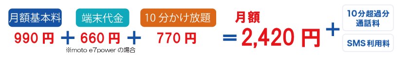 月額基本料1,300円＋端末代金1,380円＋10分かけ放題900円=月額3,580円＋10分超過分通話料＋SMS利用料